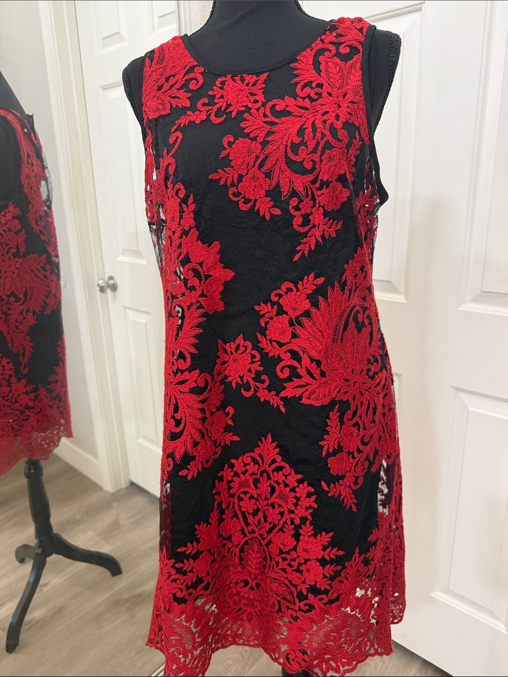 Karen Kane Black Dress with Red Lace Appliqué